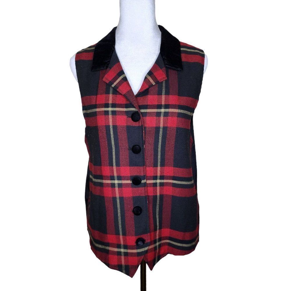 Vintage 90s Y2K Vest Womens Size L Red Black Plaid Preppie Grunge